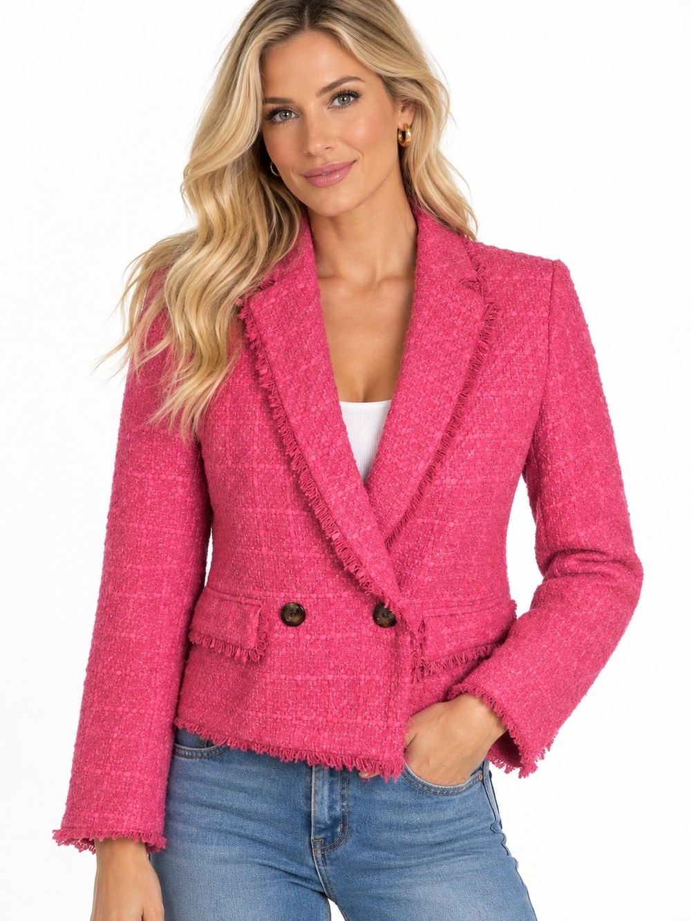 Ann Taylor Tweed Blazer Jacket 0P Petite Preppy Hot Pink Fringe